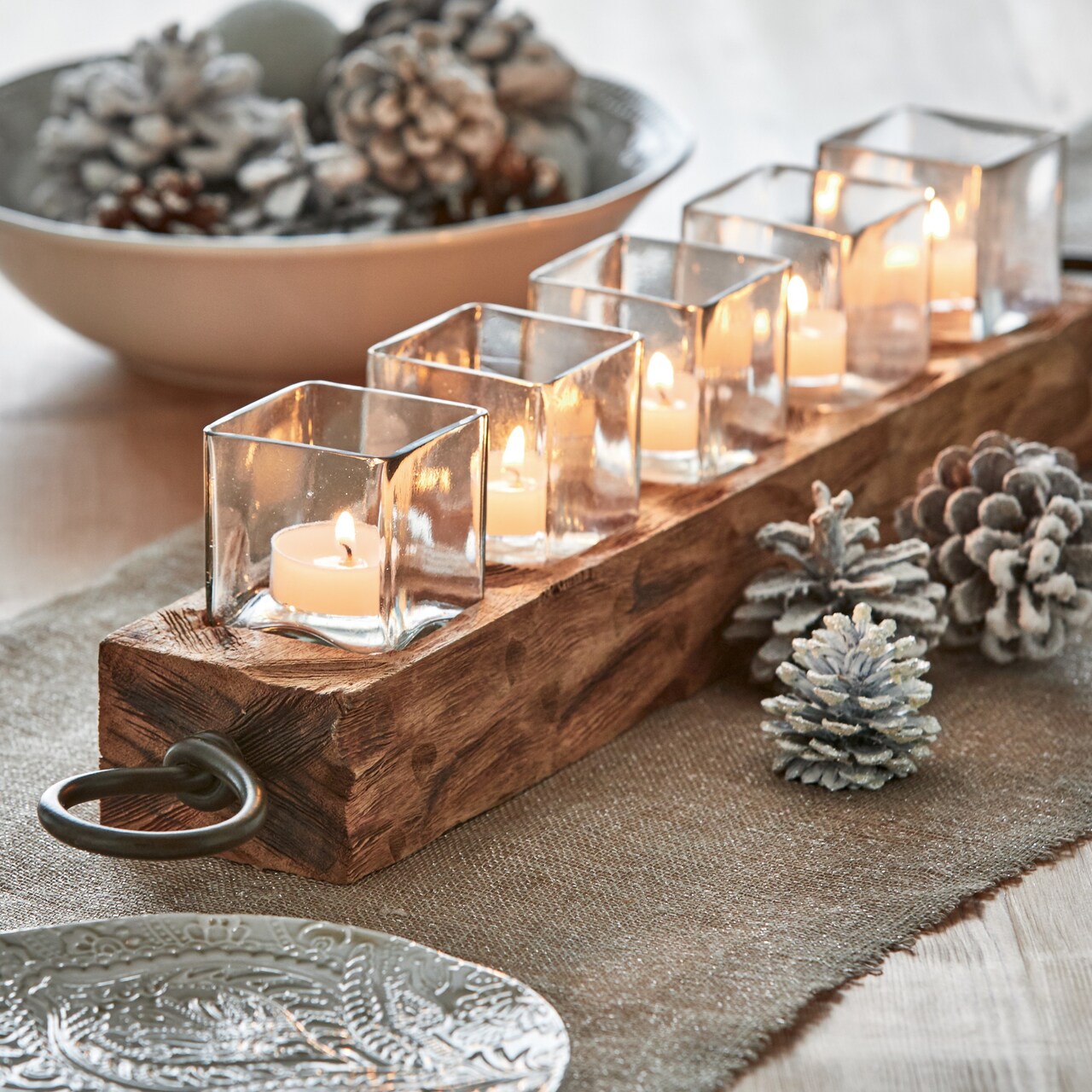Sierra Wooden Glass Tealight Candle Holder 5 Candles Tabletop Mantel Centerpiece Decorations 26.77L x 3.54W x 4.72H inches